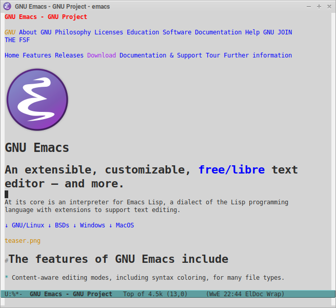 Screenshot of the GNU Emacs homepage of July 2021 in WwE